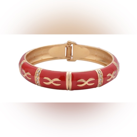 Red Enamel Bangle Bracelet 7.25” in Goldtone - Picture 2 of 5